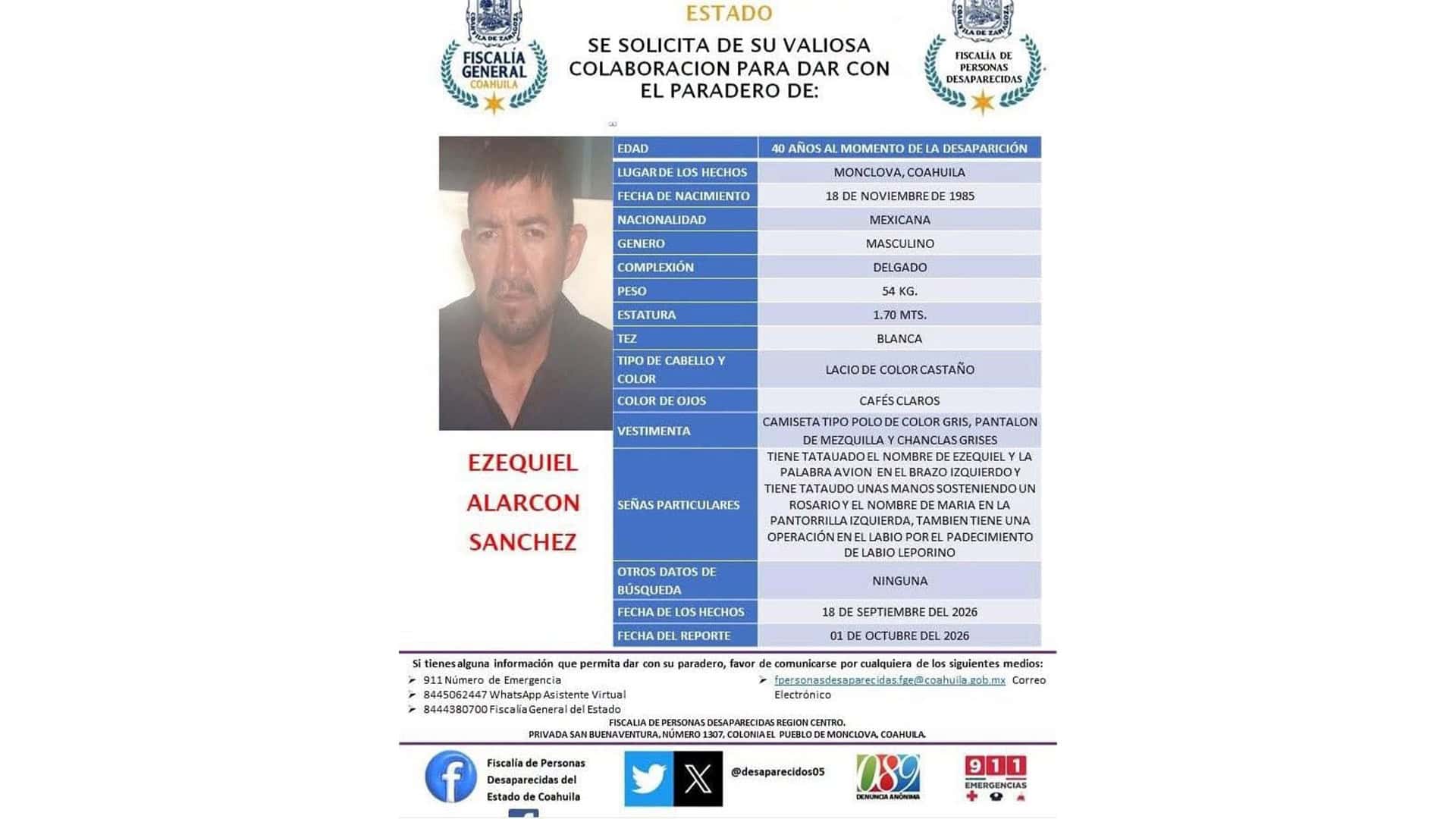 Fiscal&iacute;a de Coahuila busca a Ezequiel Alarc&oacute;n S&aacute;nchez desaparecido en Monclova