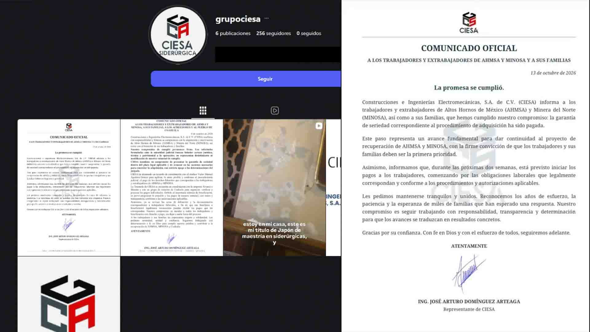 comunicado atribuido a CIESA sobre el proceso de AHMSA y MINOSA