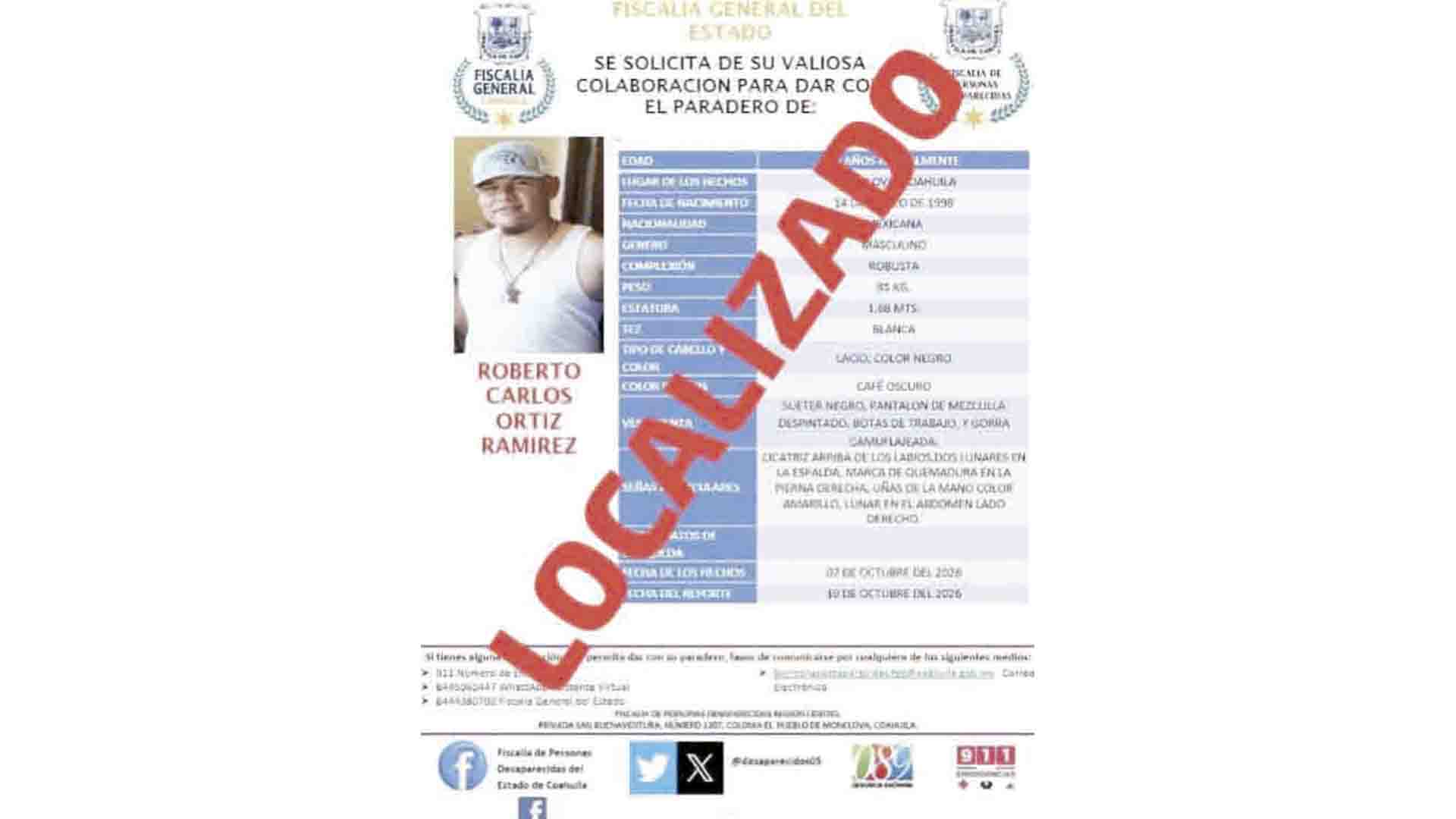 Localizan a joven Roberto Ortiz en Múzquiz tras días de búsqueda Localizan a joven Roberto Ortiz en Múzquiz tras días de búsqueda