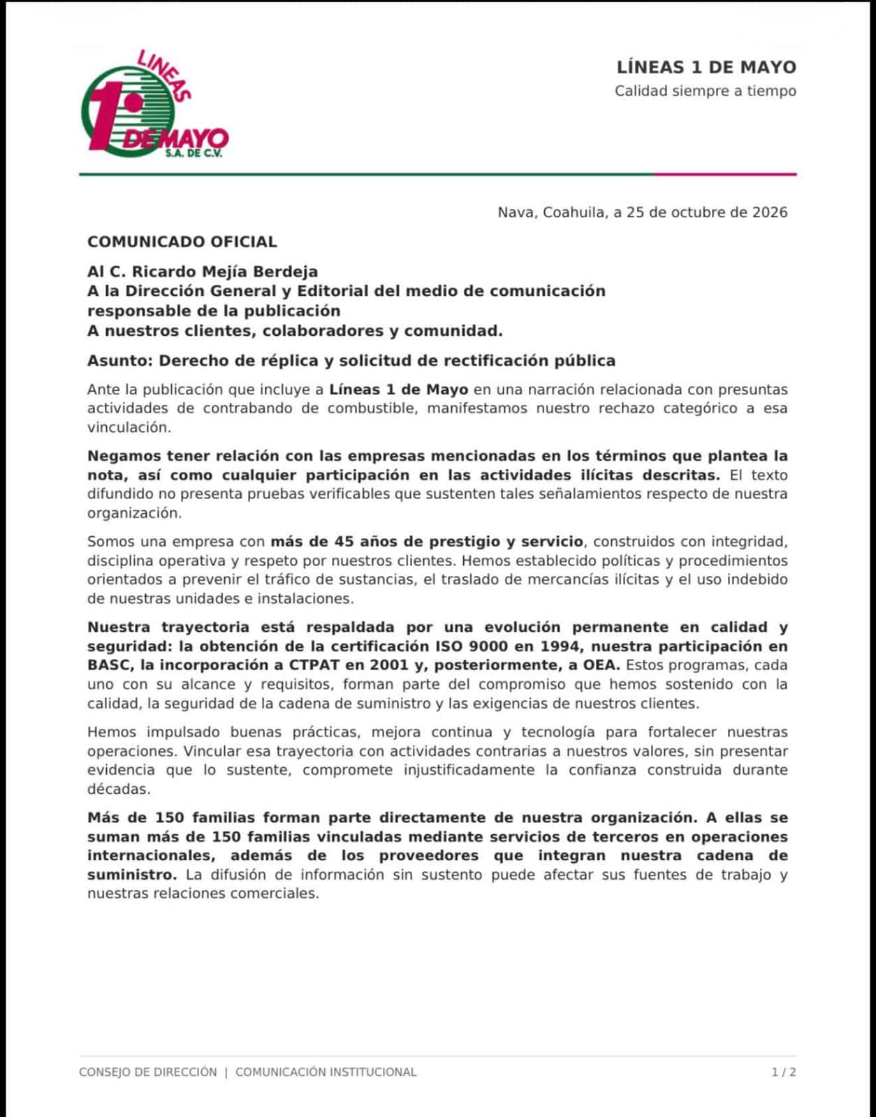 Líneas 1 de Mayo, empresa de transporte industrial con sede en Nava, rechazó los señalamientos publicados por Proceso y solicitó revisar el sustento documental de las referencias que la vinculan con el caso de Julio R. González.