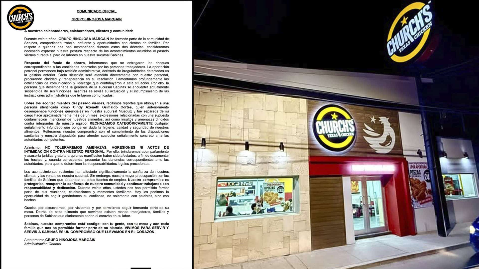 Church´s Sabinas: Suspenden a gerente y entregan fondo de ahorro tras protestas Church´s Sabinas: Suspenden a gerente y entregan fondo de ahorro tras protestas